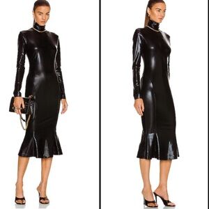 Norma Kamali black liquid leather dress with mermaid flair size L.